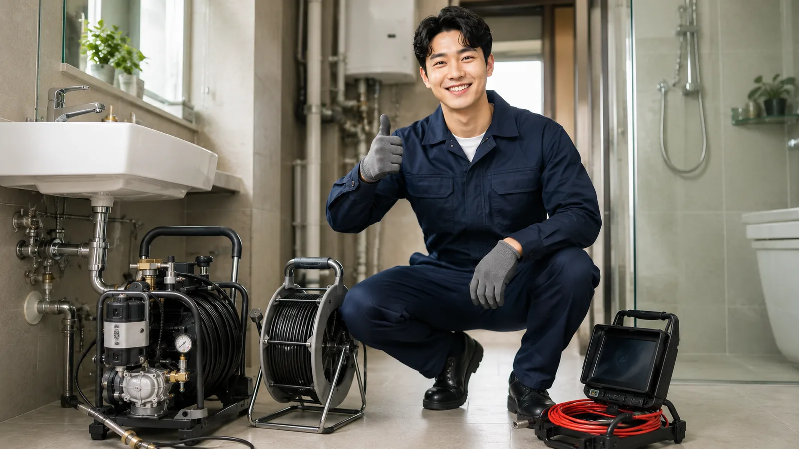 인천 하수구막힘 작업복 기술자와 고압세척·배관내시경 전문 장비